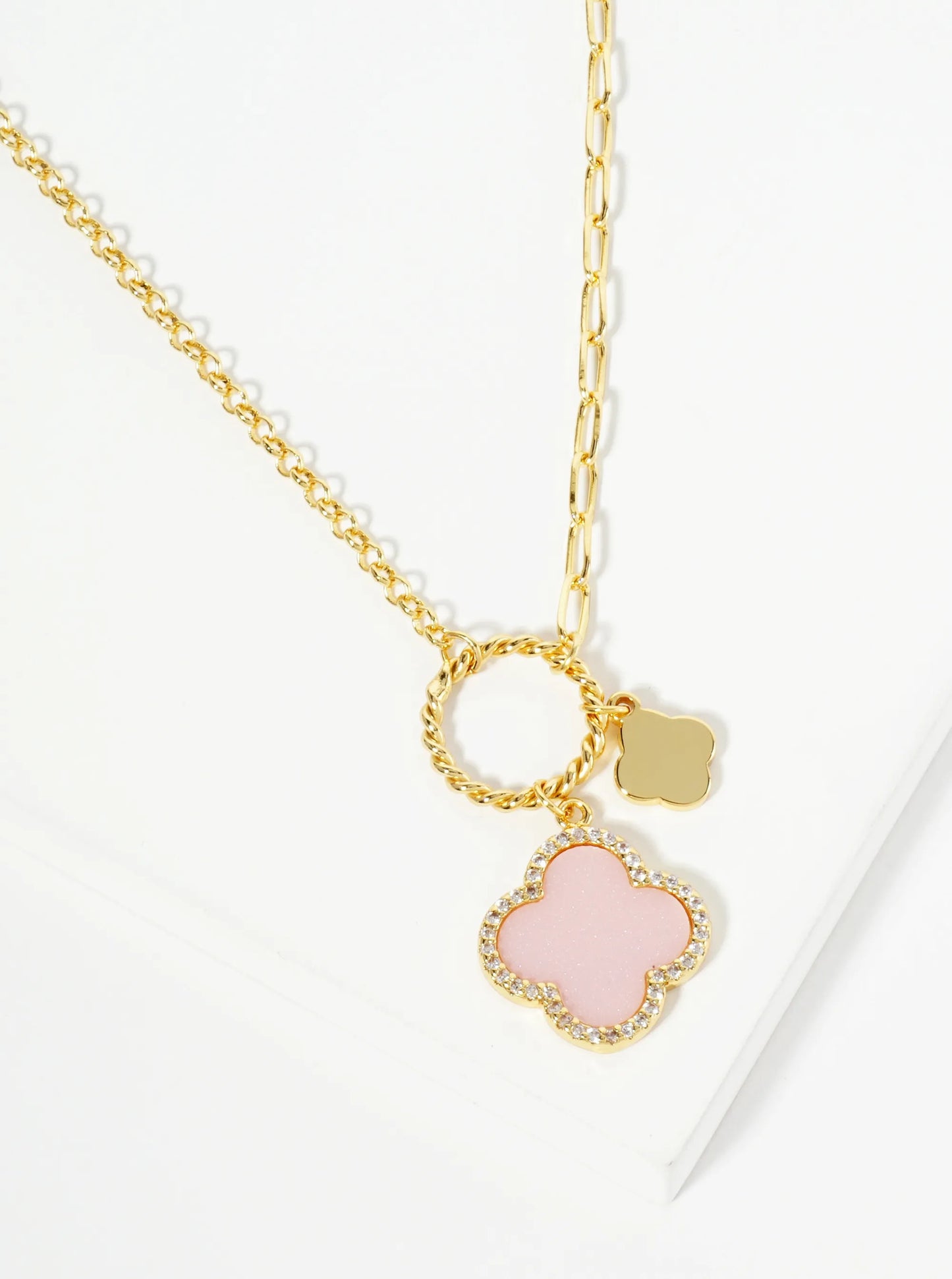18K-Gold-Dipped Two Quatrefoils Pendant Asymmetrical Chain Necklace