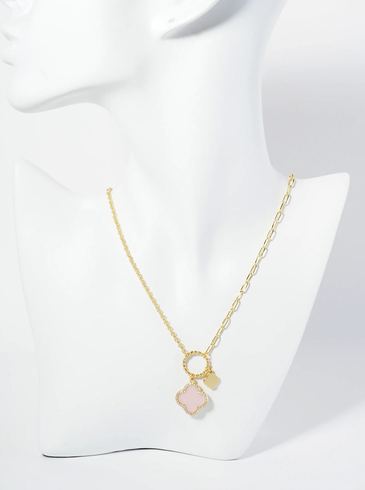 18K-Gold-Dipped Two Quatrefoils Pendant Asymmetrical Chain Necklace