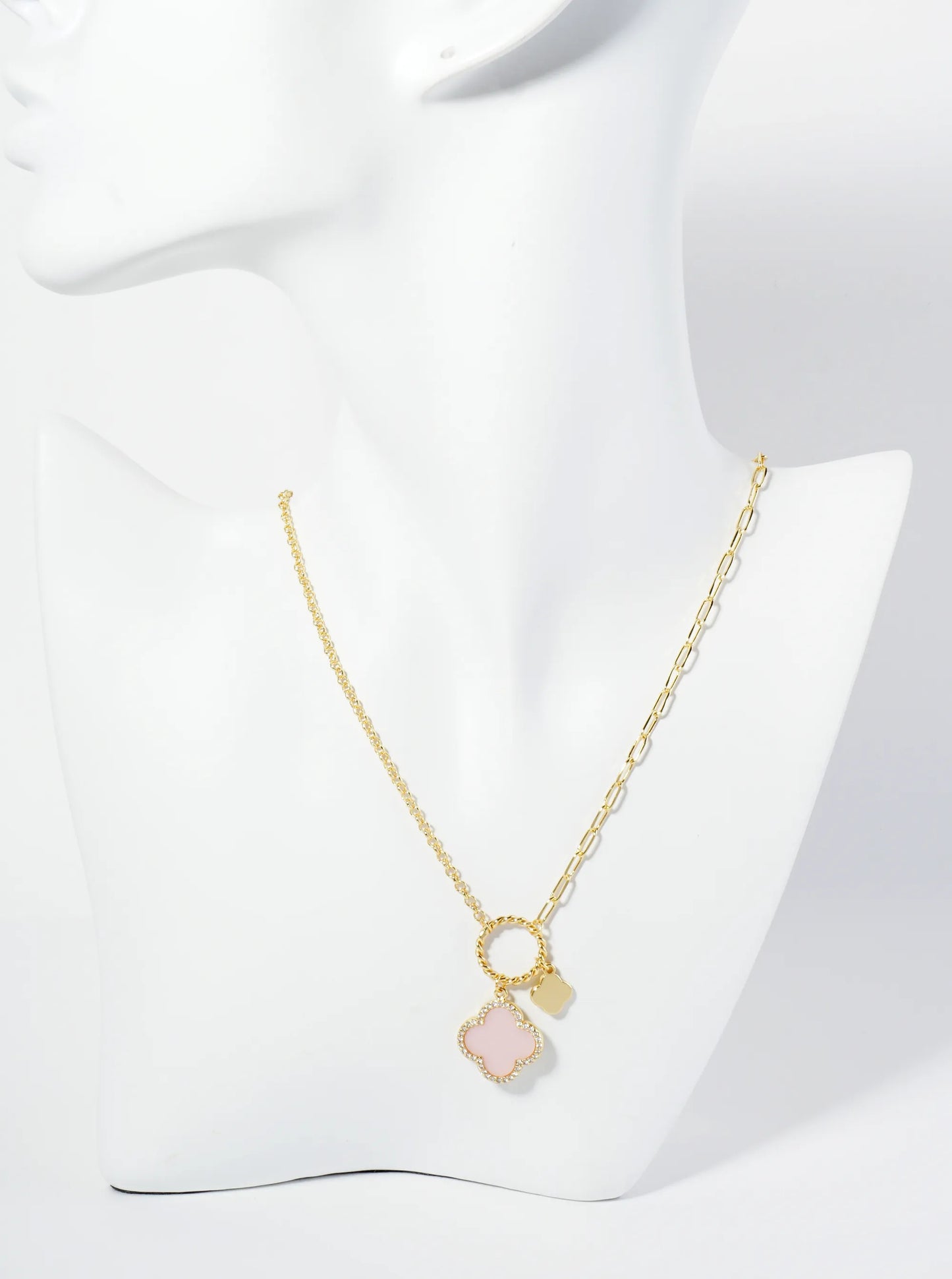 18K-Gold-Dipped Two Quatrefoils Pendant Asymmetrical Chain Necklace