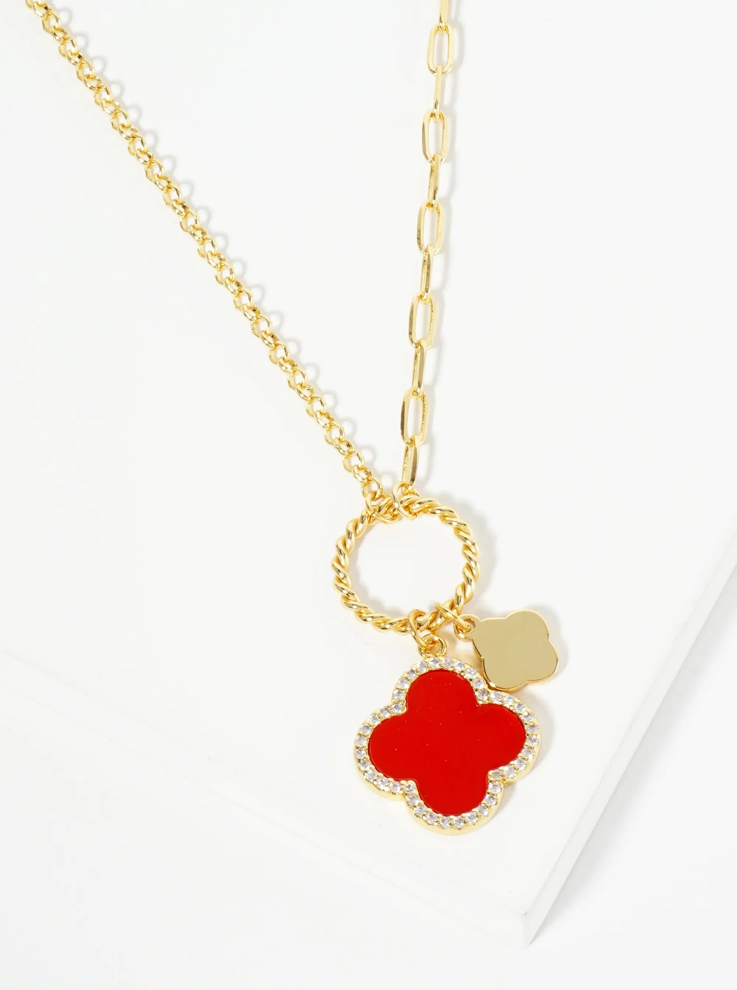 18K-Gold-Dipped Two Quatrefoils Pendant Asymmetrical Chain Necklace
