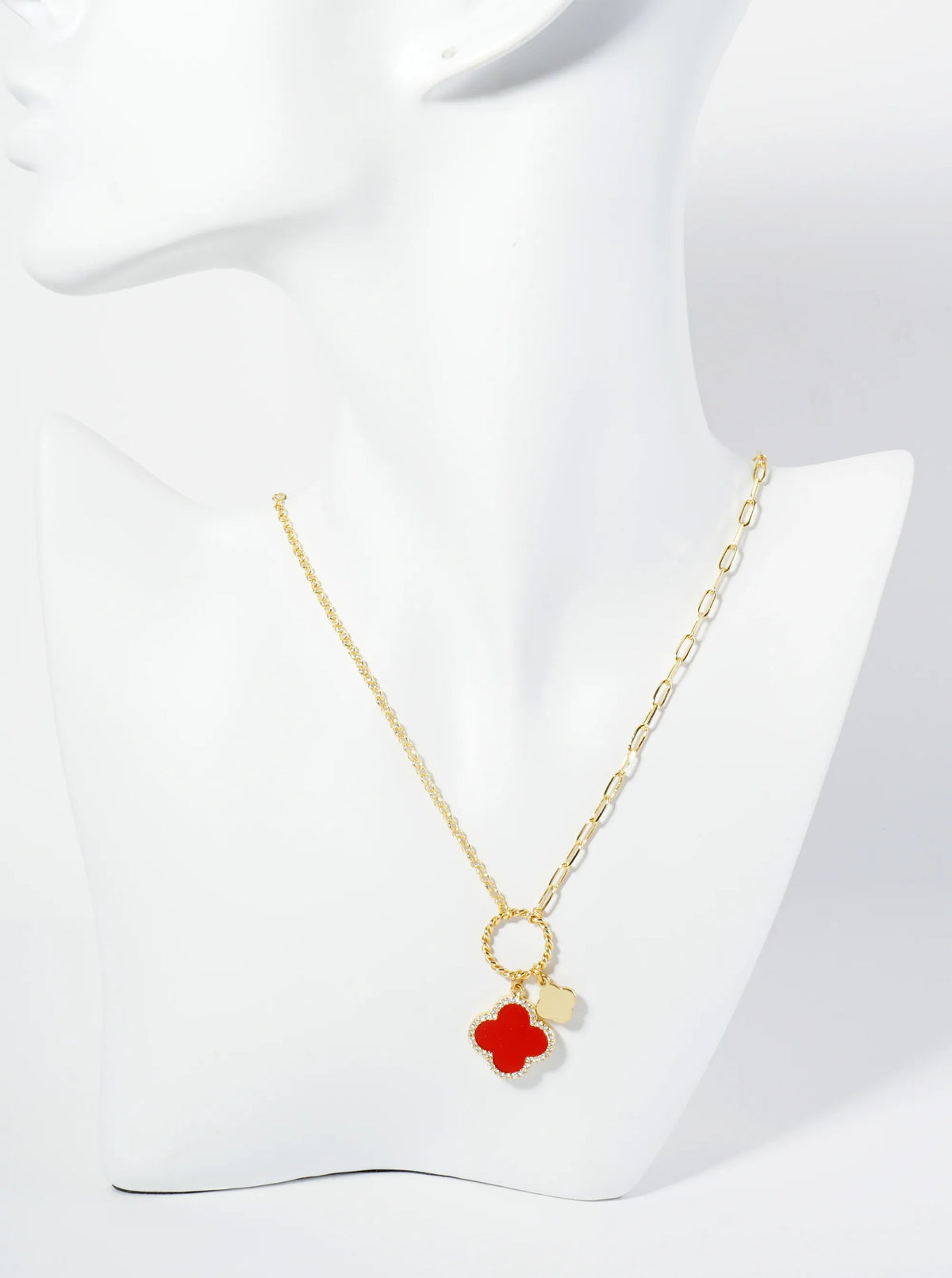 18K-Gold-Dipped Two Quatrefoils Pendant Asymmetrical Chain Necklace