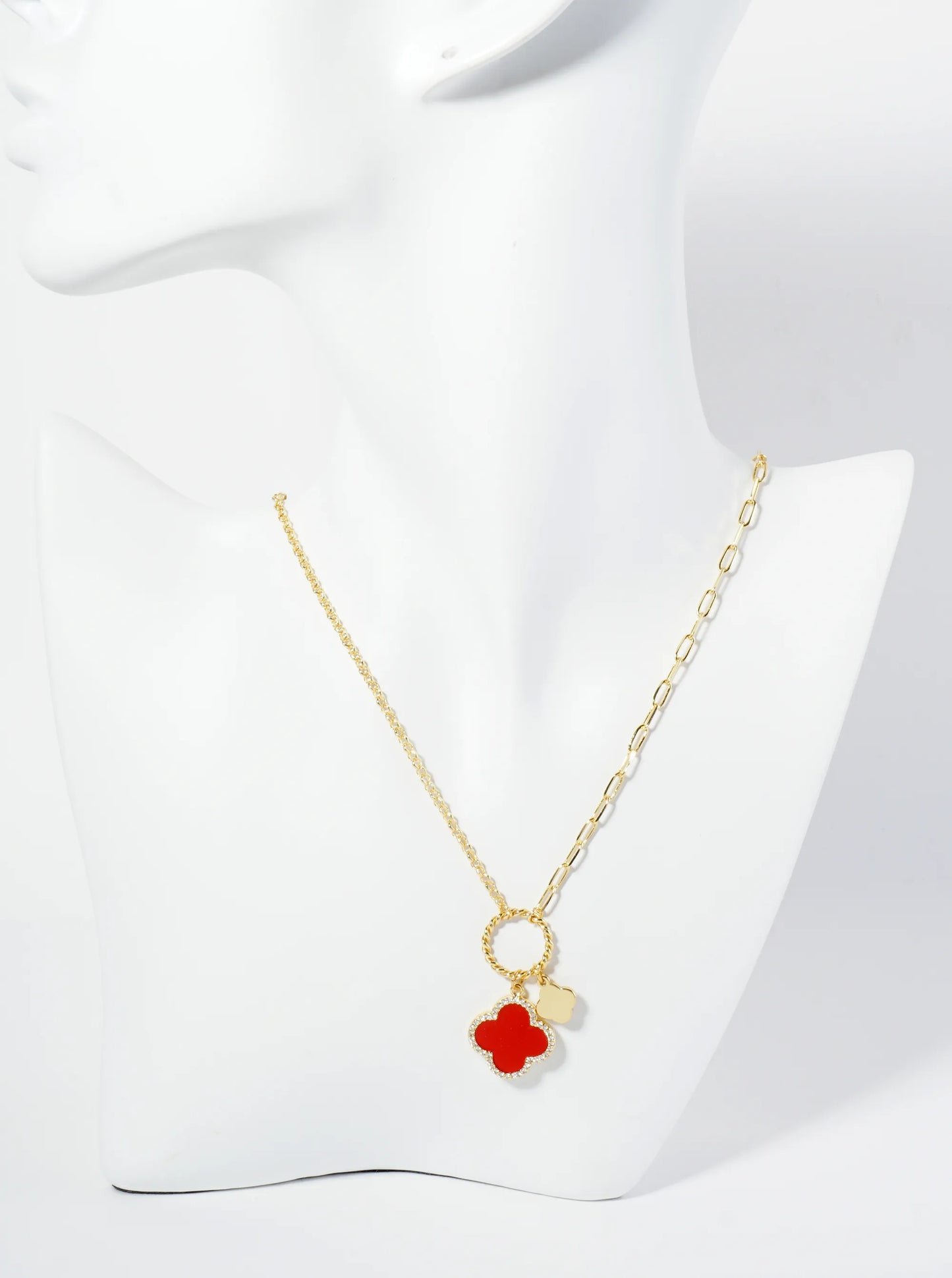 18K-Gold-Dipped Two Quatrefoils Pendant Asymmetrical Chain Necklace