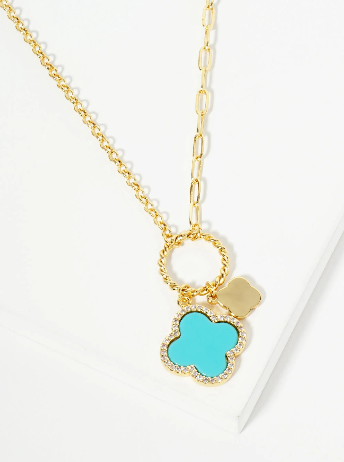18K-Gold-Dipped Two Quatrefoils Pendant Asymmetrical Chain Necklace
