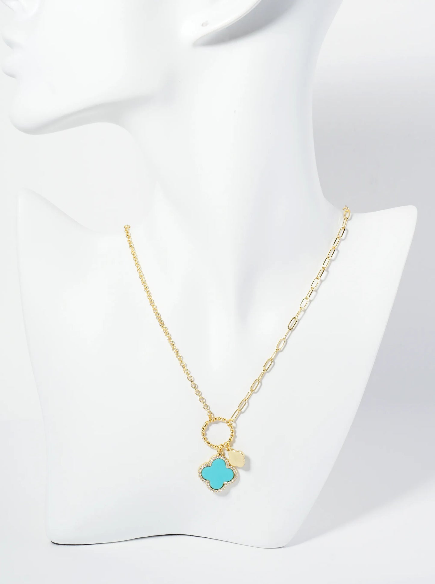 18K-Gold-Dipped Two Quatrefoils Pendant Asymmetrical Chain Necklace