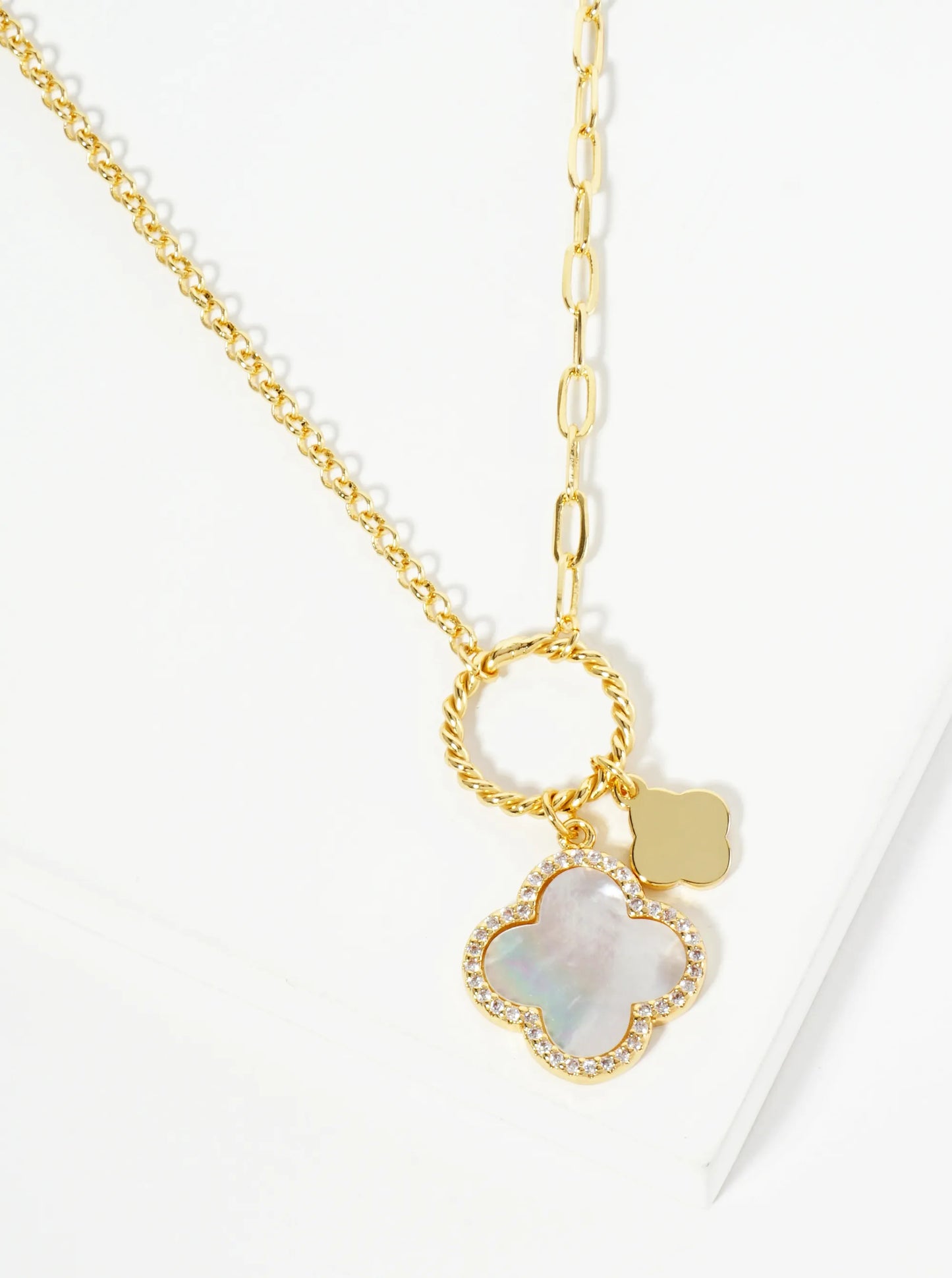 18K-Gold-Dipped Two Quatrefoils Pendant Asymmetrical Chain Necklace