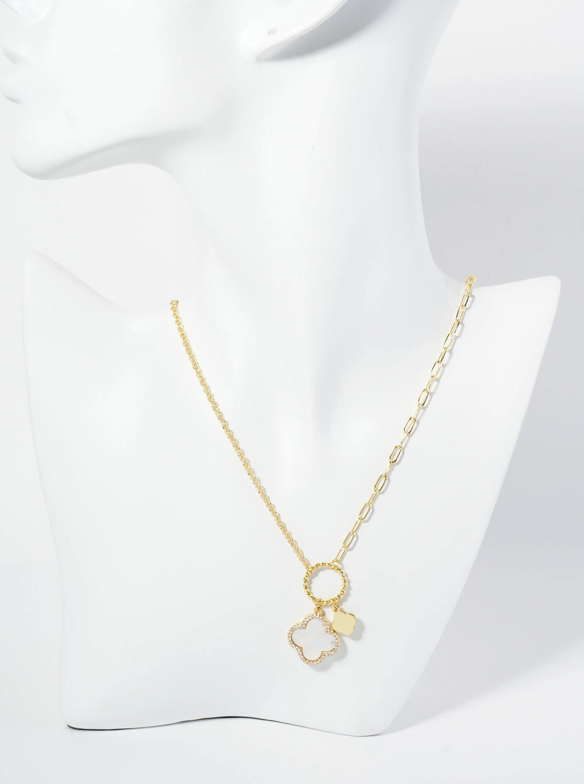 18K-Gold-Dipped Two Quatrefoils Pendant Asymmetrical Chain Necklace