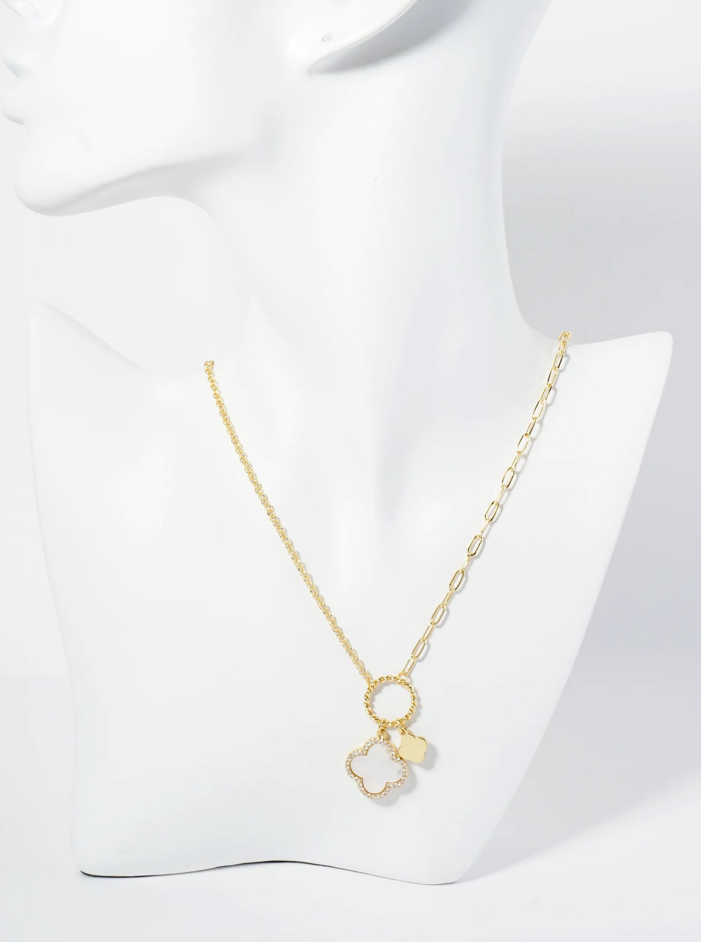 18K-Gold-Dipped Two Quatrefoils Pendant Asymmetrical Chain Necklace