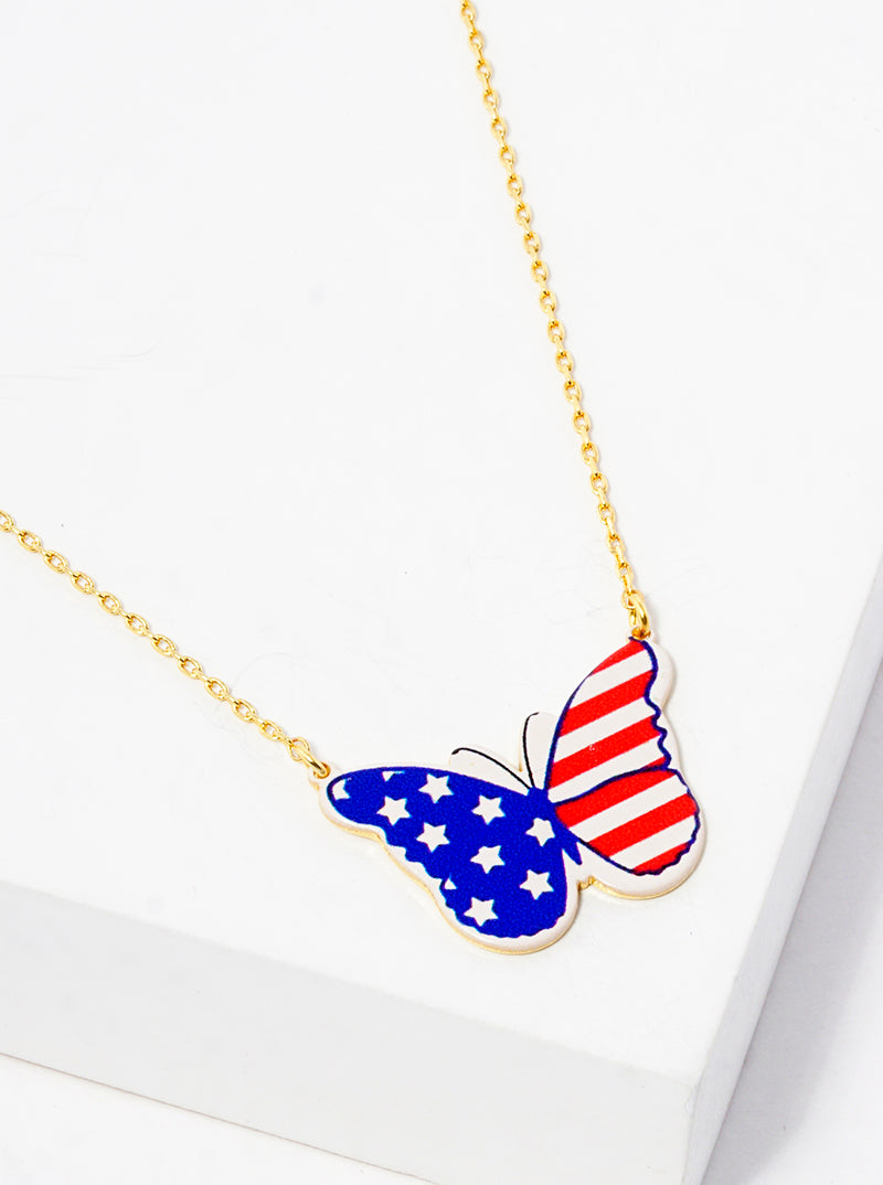 White Gold Dipped US Flag Printed Butterfly Pendant Necklace