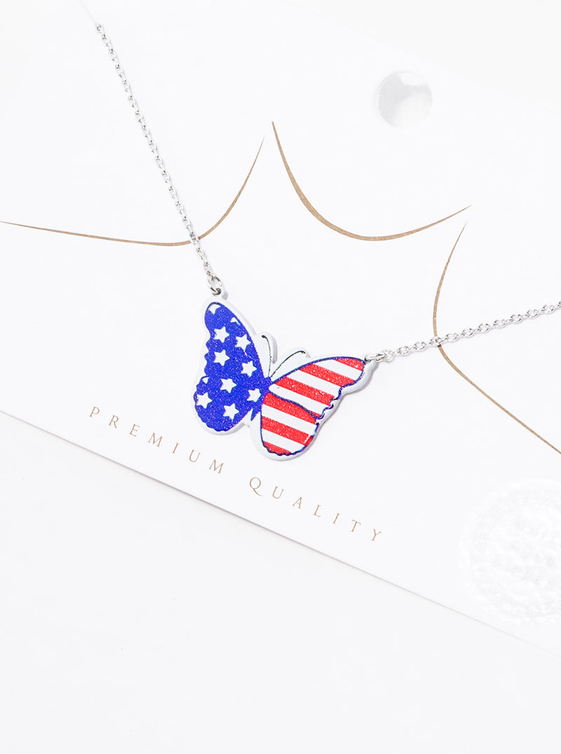 18K Gold Dipped US Flag Printed Butterfly Pendant Necklace