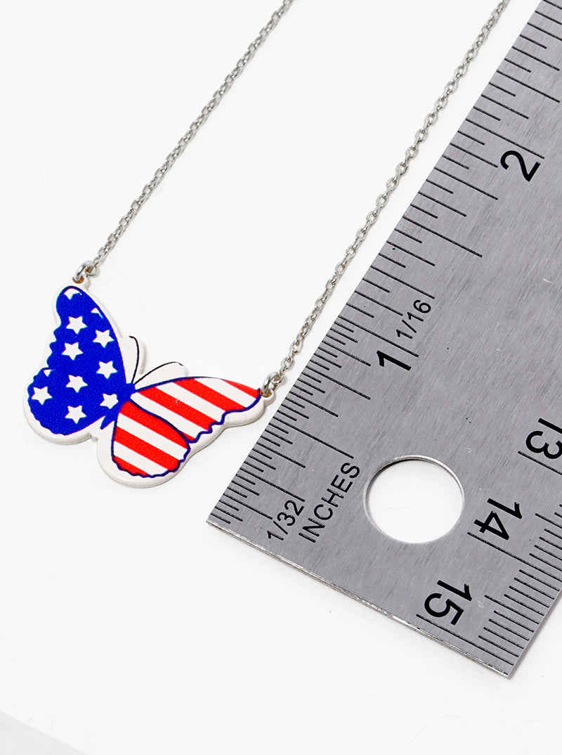 18K Gold Dipped US Flag Printed Butterfly Pendant Necklace