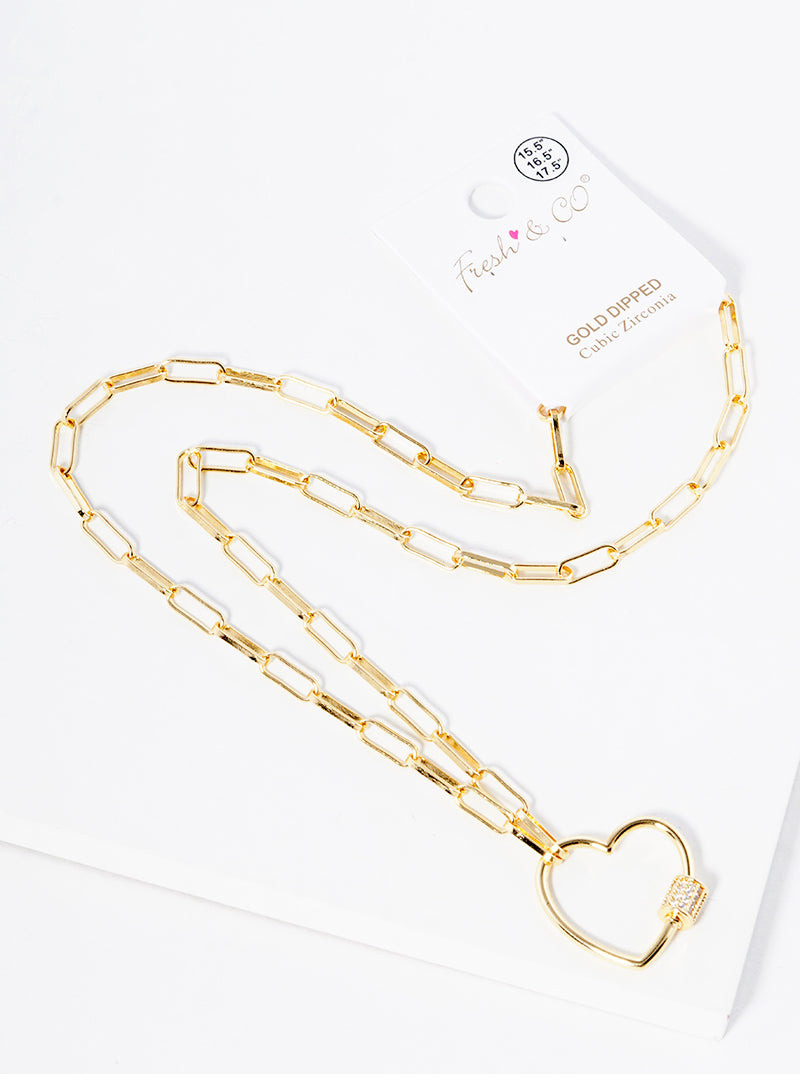 18K Gold Dipped CZ Pave Heart Pendant Link Chain Necklace