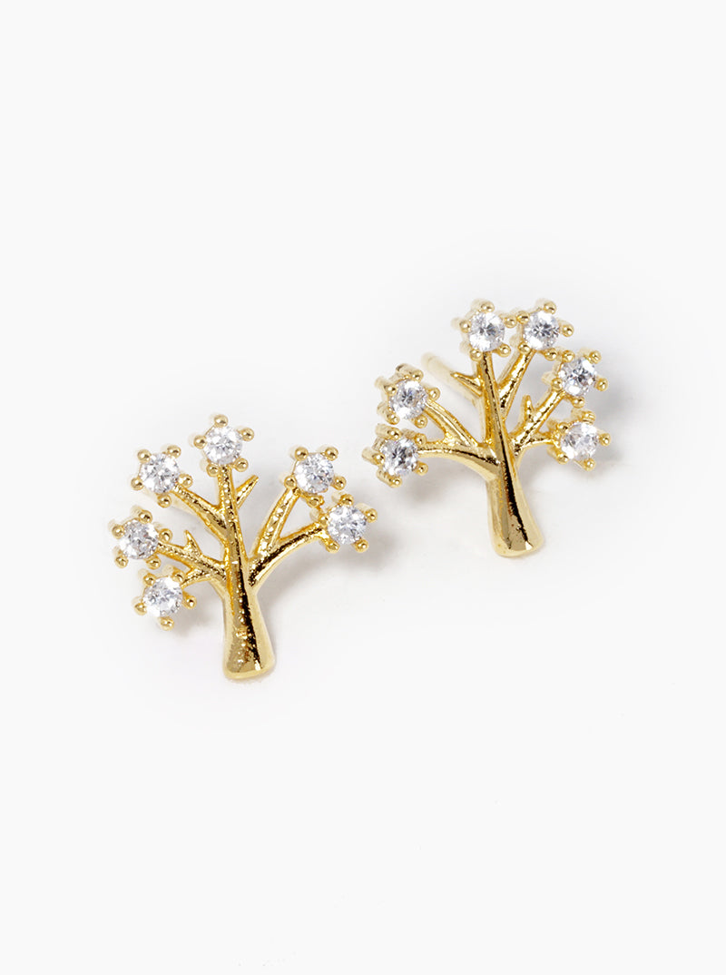 18K Gold Dipped CZ Tree Of Life Post Stud Earrings