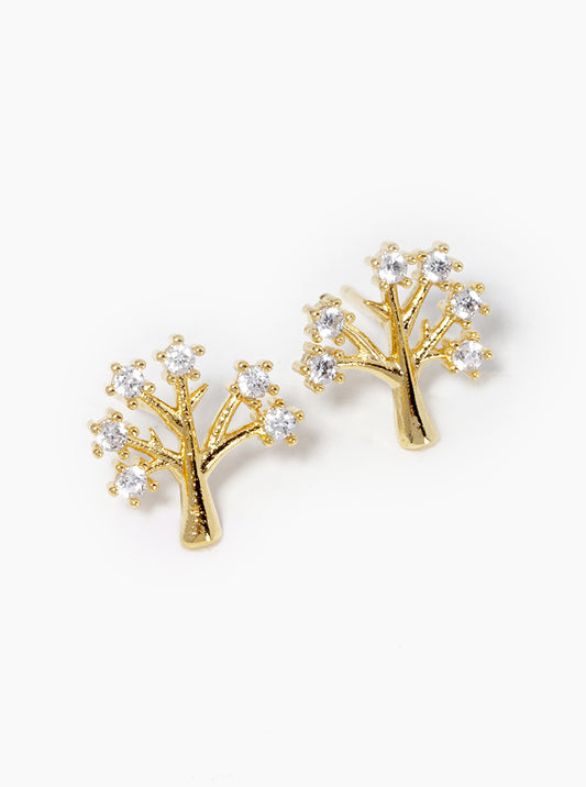 18K Gold Dipped CZ Tree Of Life Post Stud Earrings
