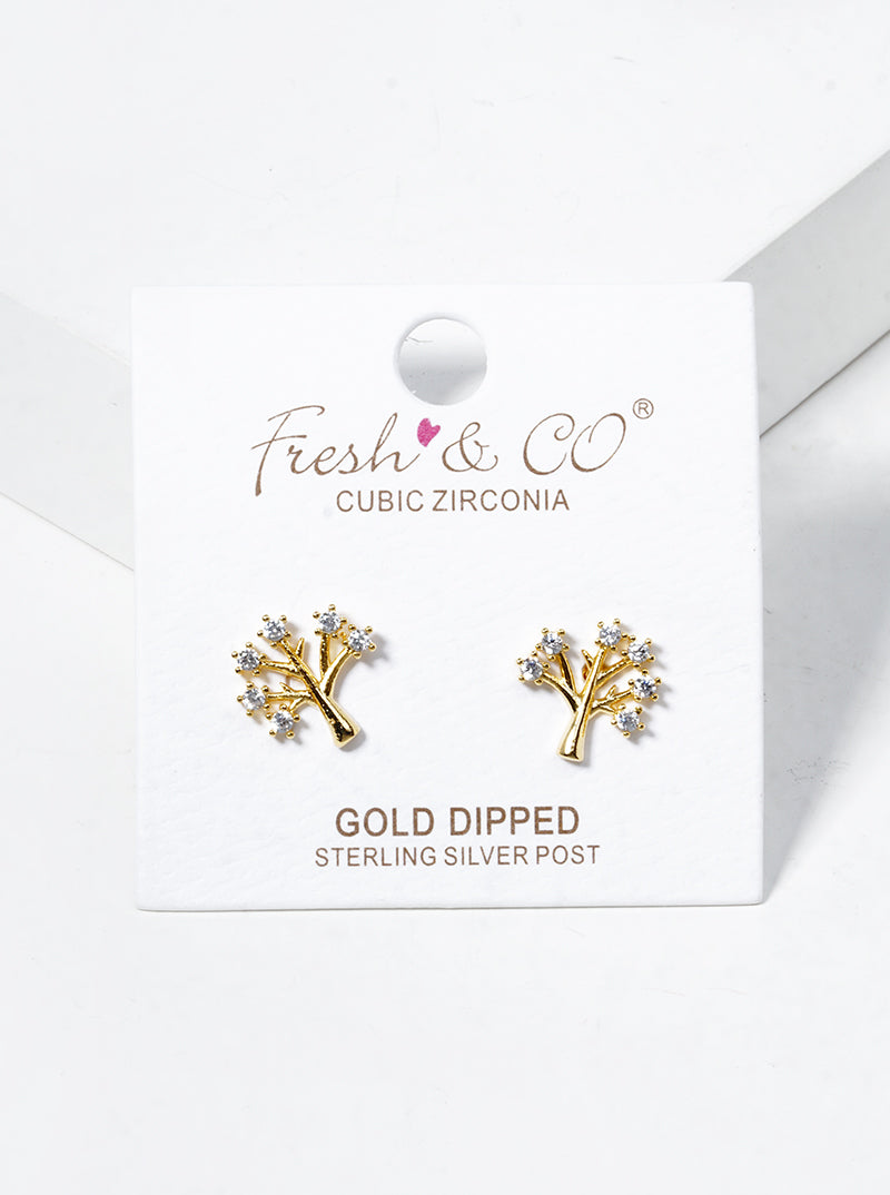 18K Gold Dipped CZ Tree Of Life Post Stud Earrings