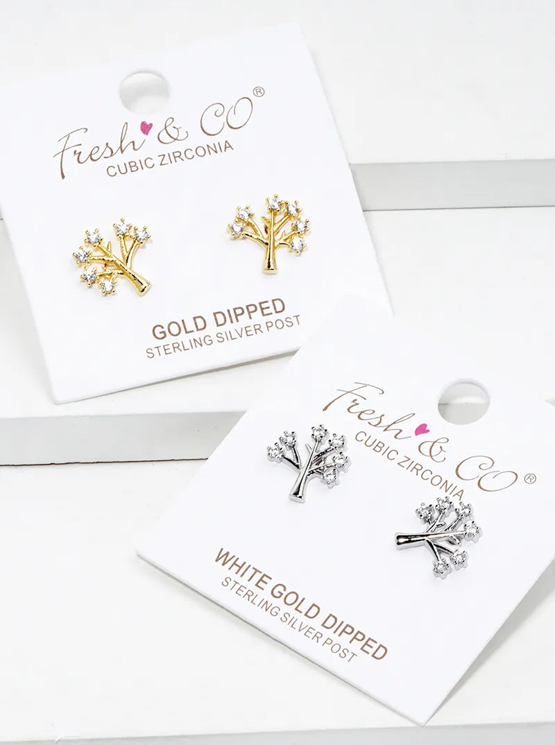 18K Gold Dipped CZ Tree Of Life Post Stud Earrings