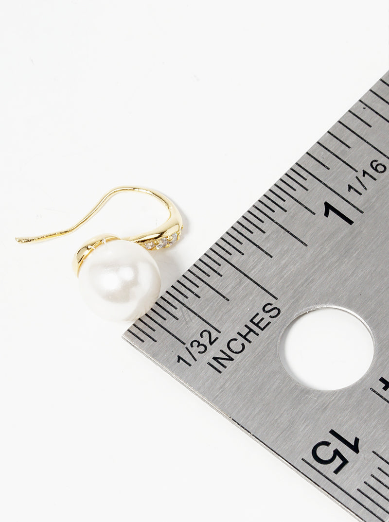 18K Gold Dipped Glass Pearl Drop CZ Pave Earrings