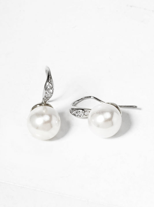 White Gold Dipped CZ Pave Round Glass Pearl  Post Stud Earrings