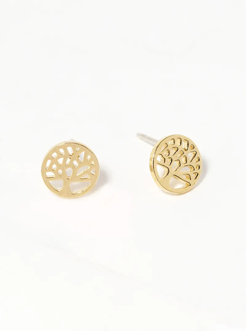 18K Gold Dipped Tree Of Life Sterling Silver Post Stud Earrings