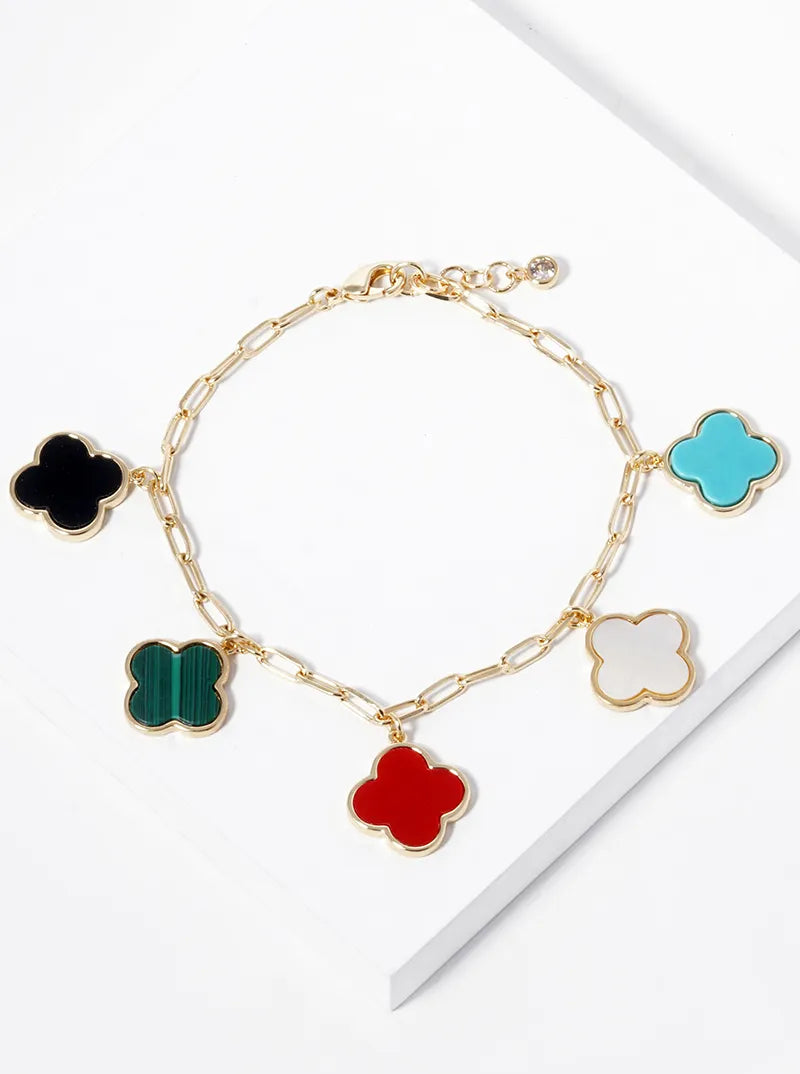 18k Gold Dipped 14mm Five Quatrefoil Charms Chain Bracelet