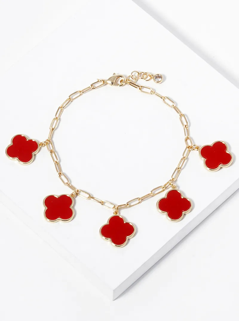 18k Gold Dipped 14mm Five Quatrefoil Charms Chain Bracelet