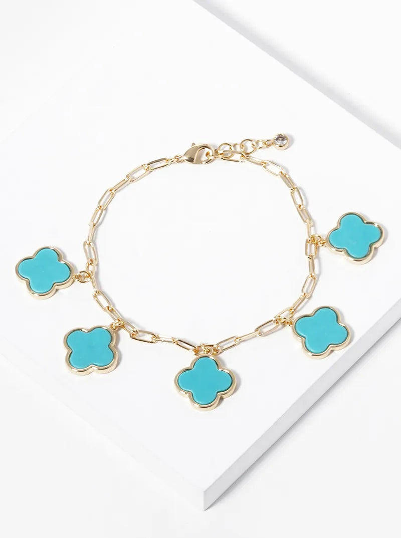 18k Gold Dipped 14mm Five Quatrefoil Charms Chain Bracelet