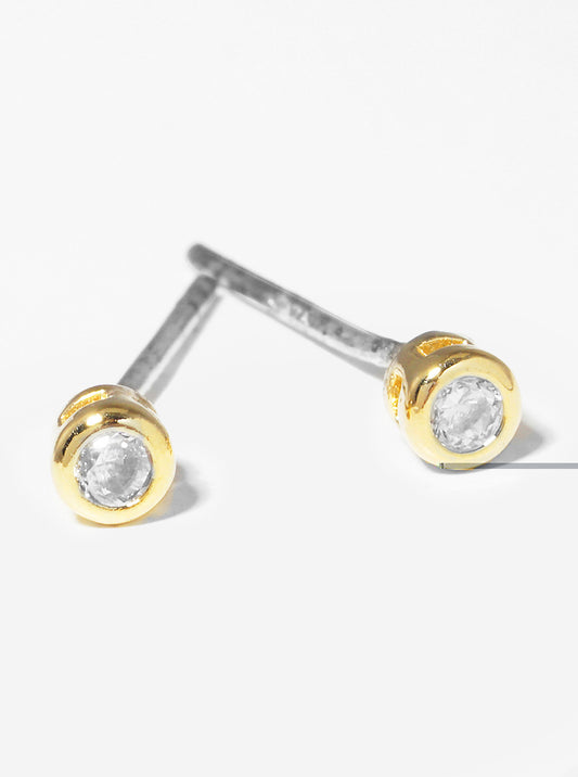 18k Gold Dipped 2mm Round Bezel CZ Sterling Silver Post Stud Earrings