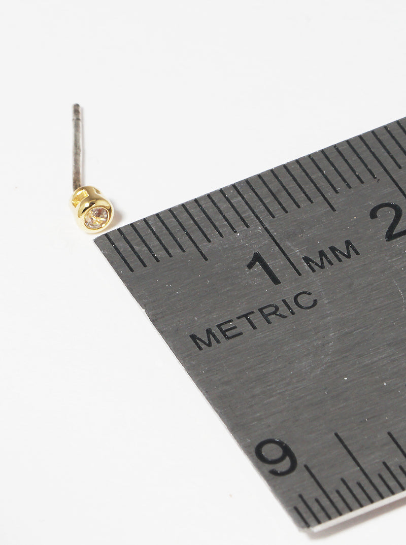 18k Gold Dipped 2mm Round Bezel CZ Sterling Silver Post Stud Earrings