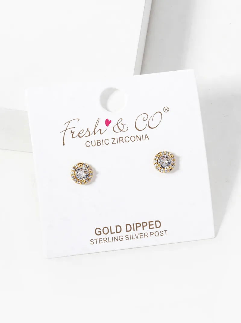 18k Gold Dipped 4-Prong CZ Pave Round Stud Earrings