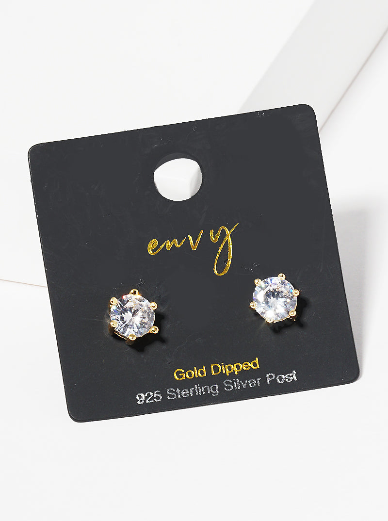 18k Gold Dipped 6mm 6-Prong Crown CZ Sterling Silver Post Stud Earrings