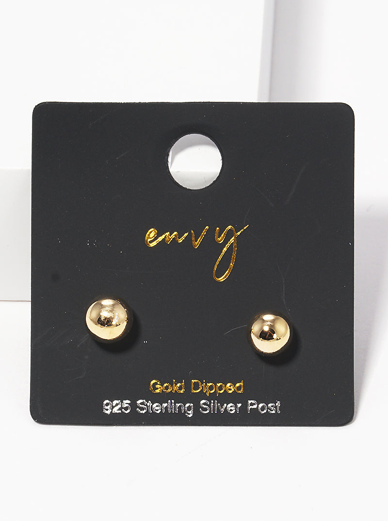 18k Gold Dipped 6mm Brass Ball Sterling Silver Post Stud Earrings