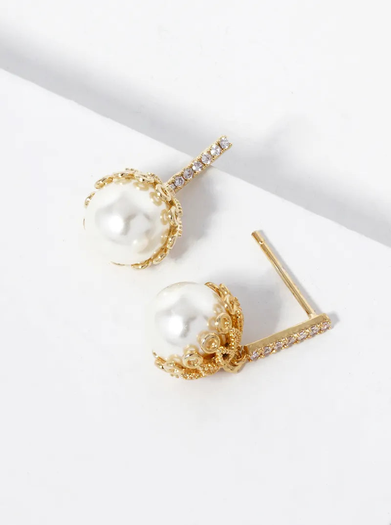 White Gold Dipped 8mm Pearl Bead Drop CZ Pave Bar Post Earrings