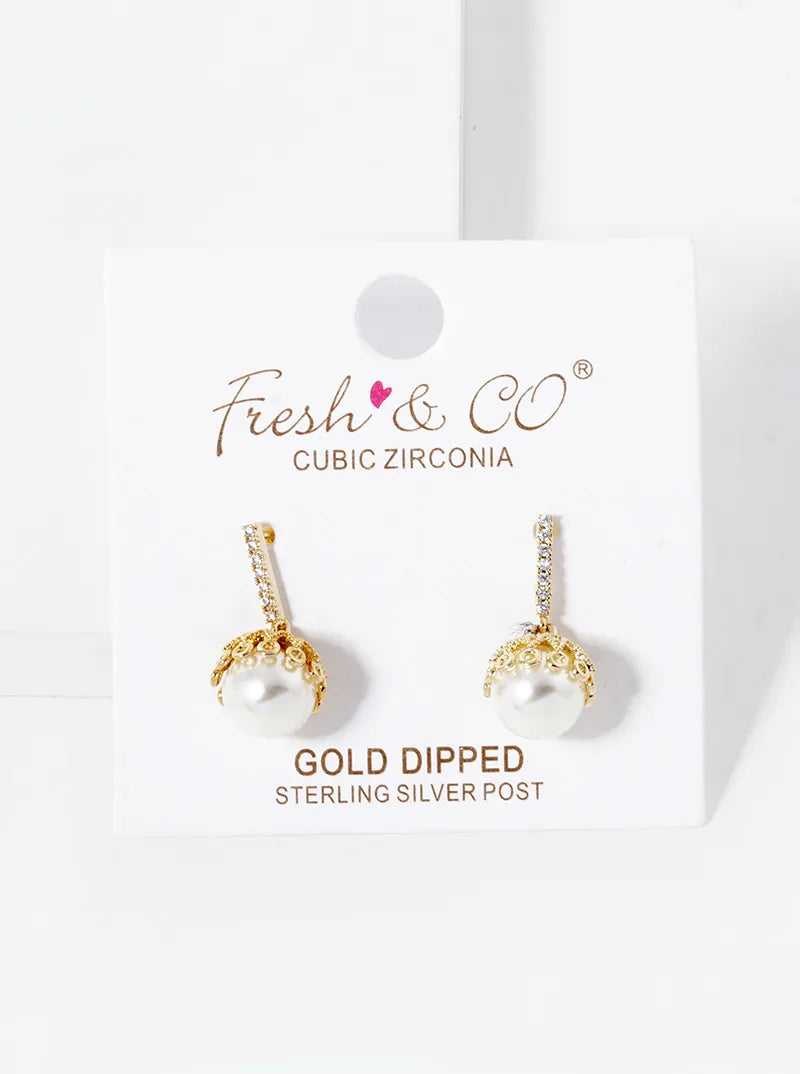 18k Gold Dipped 8mm Pearl Bead Drop CZ Pave Bar Post Earrings
