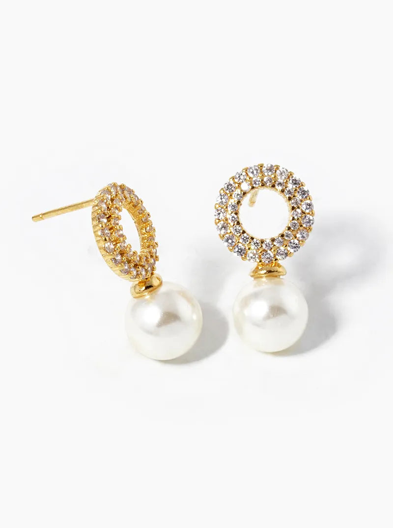 White Gold Dipped 8mm Pearl Drop CZ Pave Circle Stud Earrings