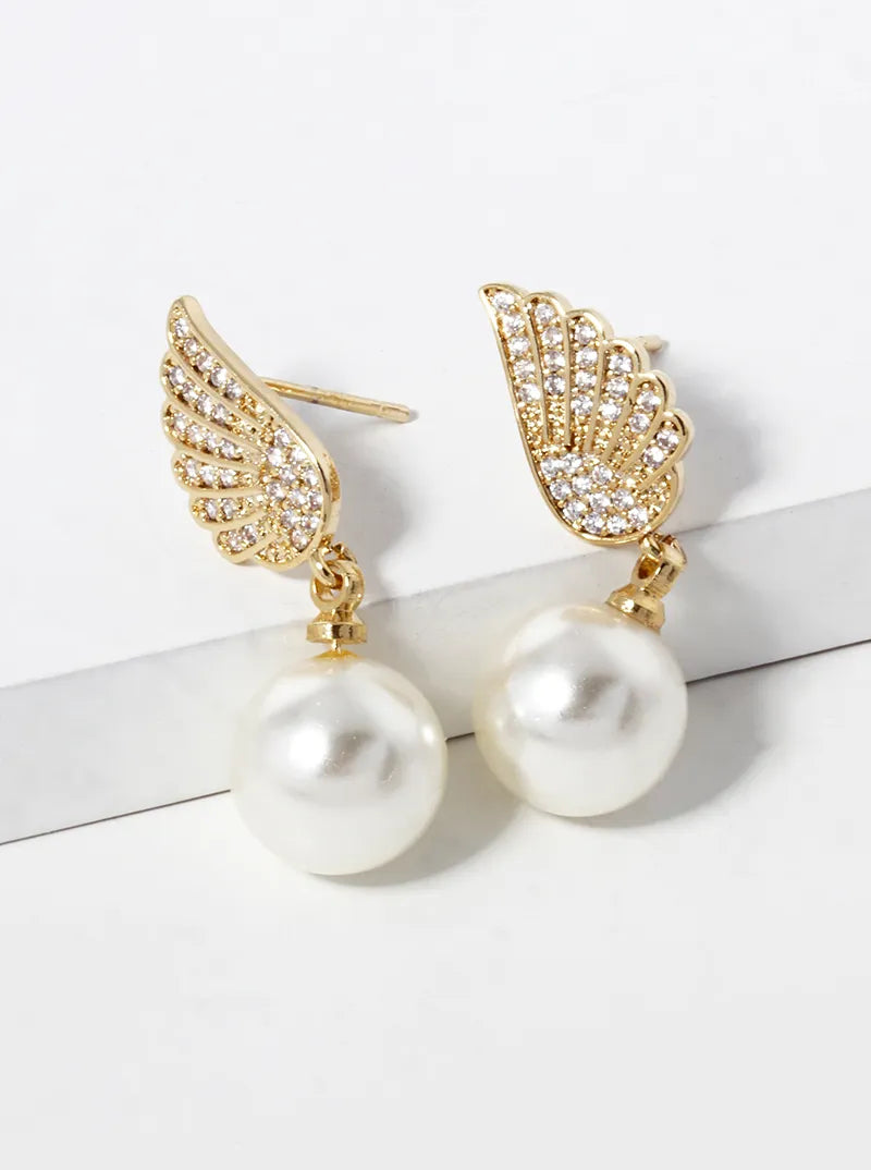 White Gold Dipped 9mm Pearl Bead Drop CZ Pave Angel Wing Post Earrings