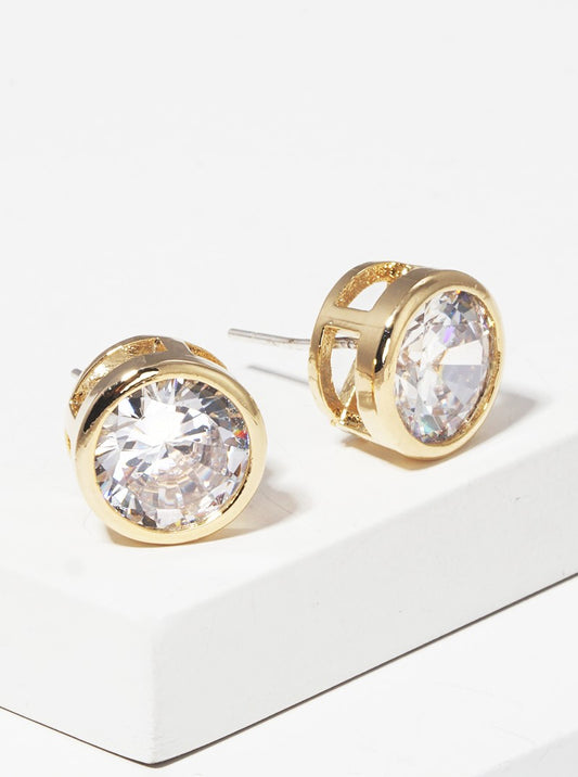 18k Gold Dipped 9mm Round Bezel CZ Sterling Silver Post Stud Earrings