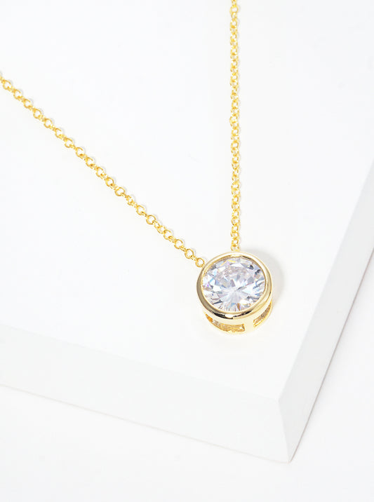 18k Gold Dipped 9mm Round Bezel CZ Stone Pendant Brass Necklace