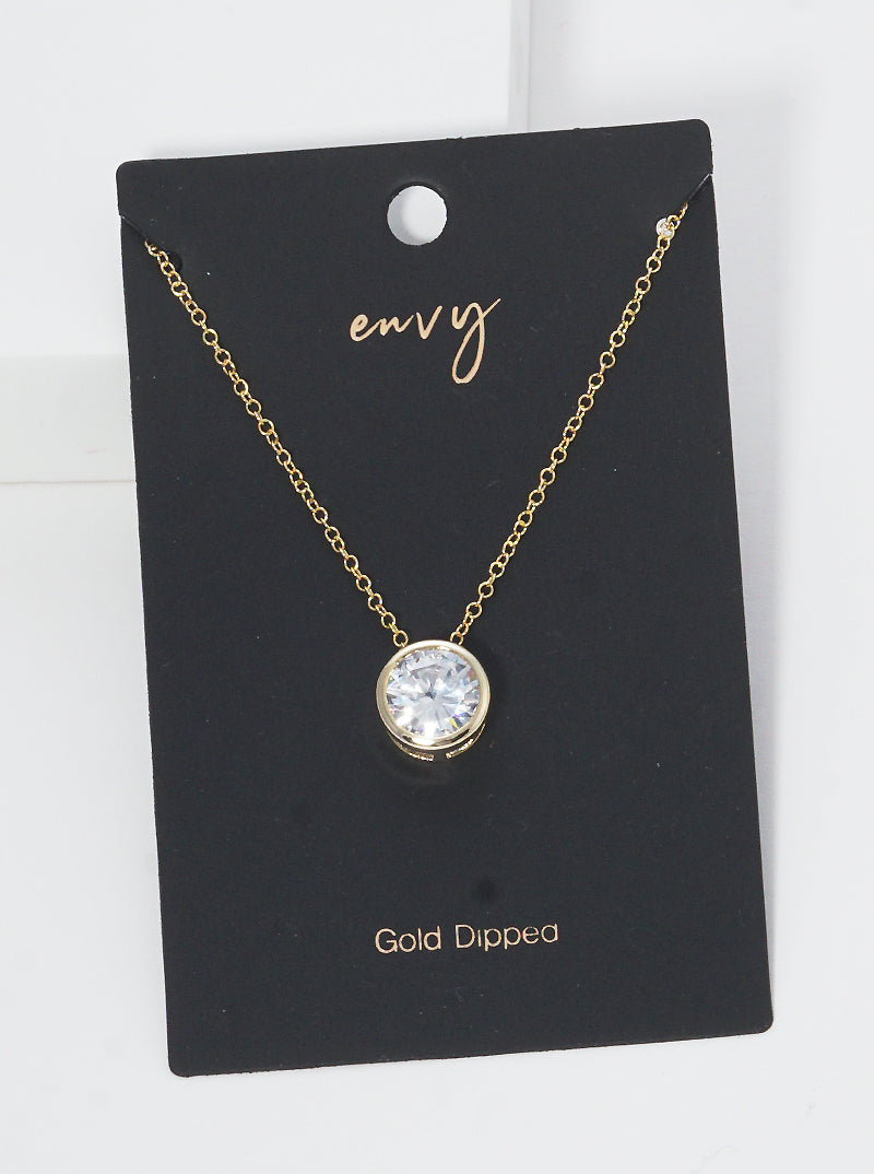 18k Gold Dipped 9mm Round Bezel CZ Stone Pendant Brass Necklace