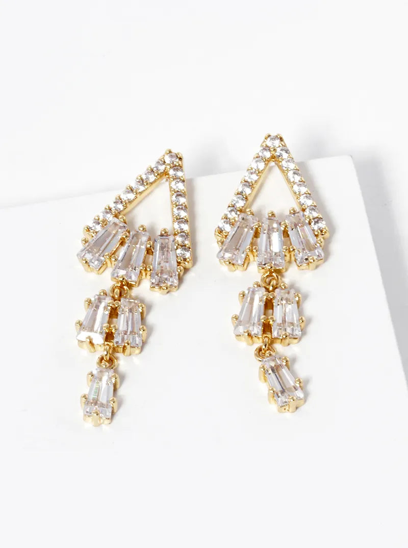 White Gold Dipped Baguette CZ Bar Drop Triangle Post Earrings