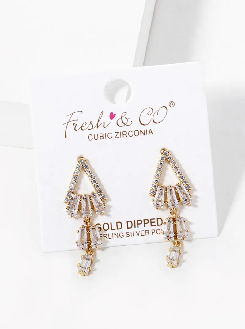 18k Gold Dipped Baguette CZ Bar Drop Triangle Post Earrings