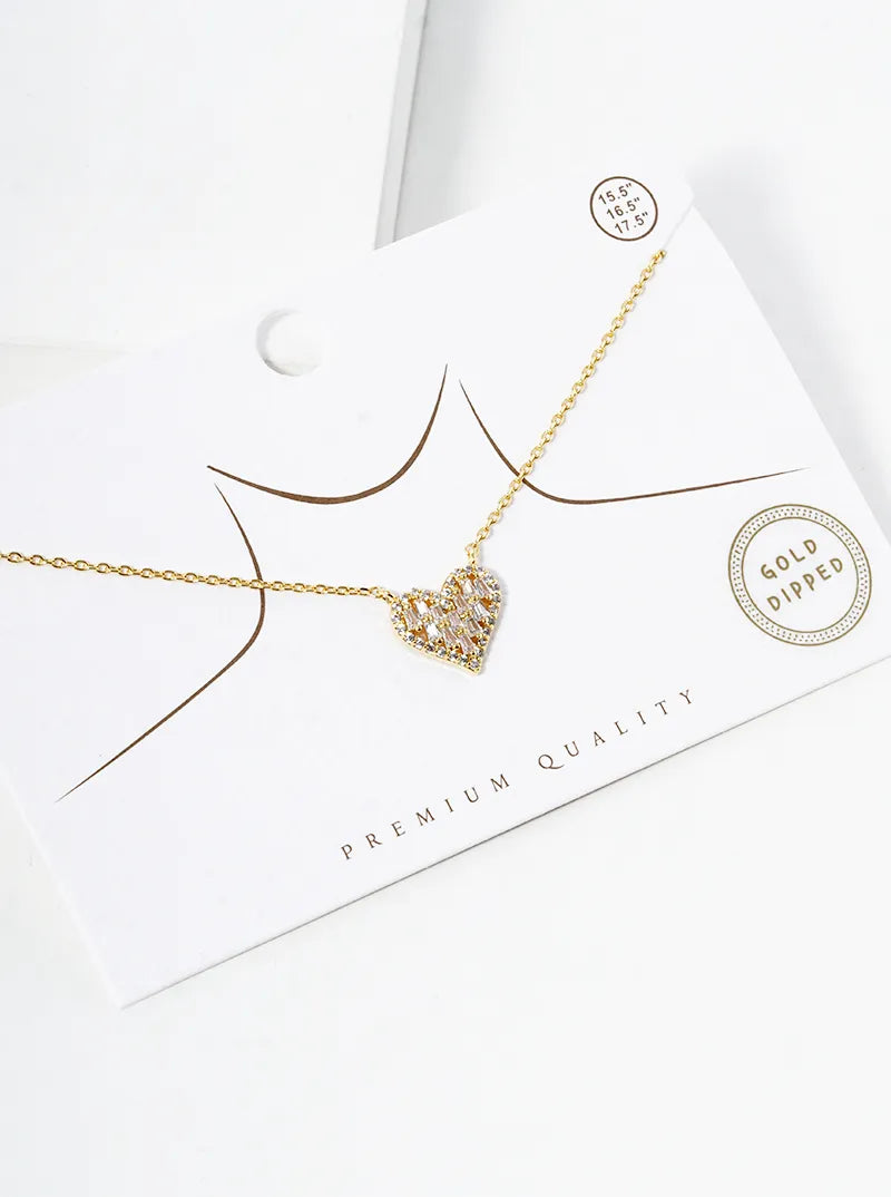 18k Gold Dipped Baguette CZ Pave Heart Pendant Necklace