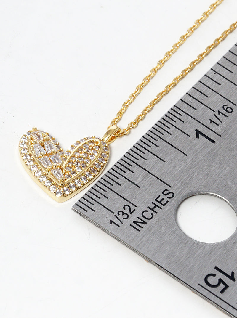 18k Gold Dipped Baguette CZ Pave Sideways Heart Pendant Necklace