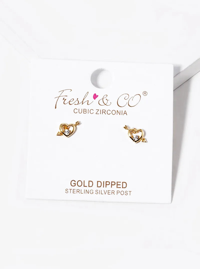 18k Gold Dipped CZ Cupids Heart Stud Earrings