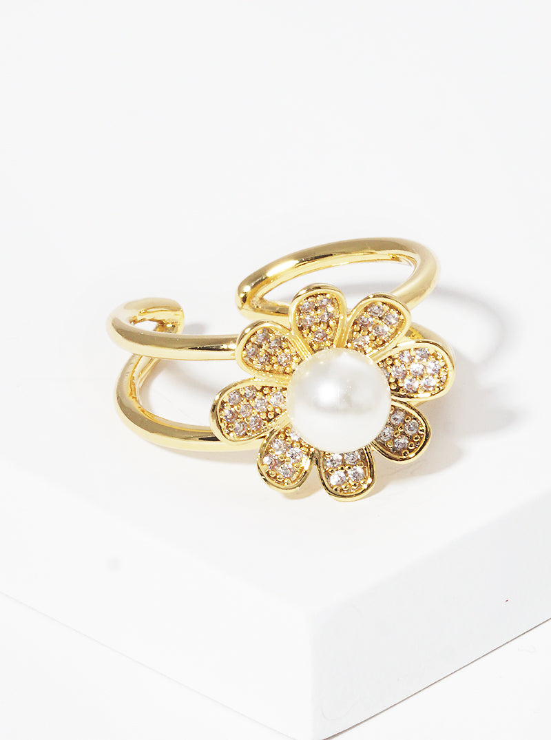 18k Gold Dipped CZ Flower Acrylic Pearl Adjustable Cuff Ring