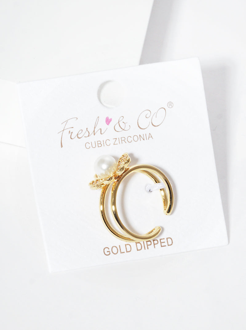 18k Gold Dipped CZ Flower Acrylic Pearl Adjustable Cuff Ring