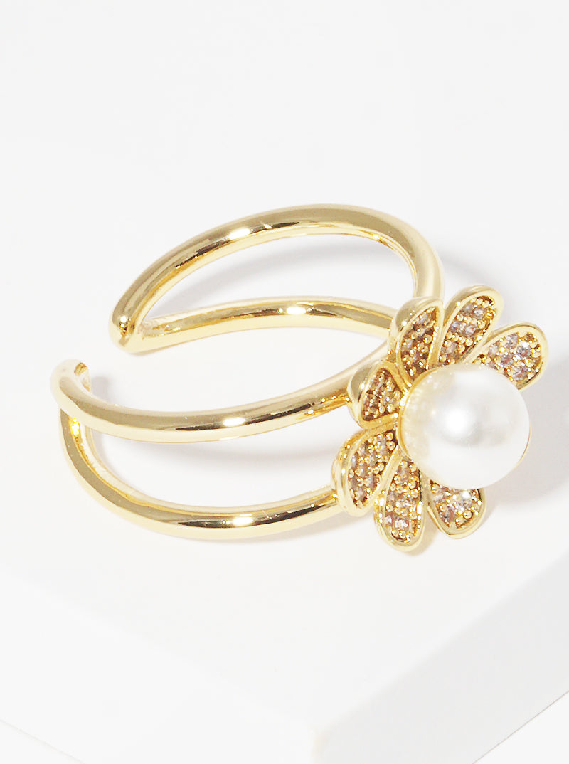 18k Gold Dipped CZ Flower Acrylic Pearl Adjustable Cuff Ring