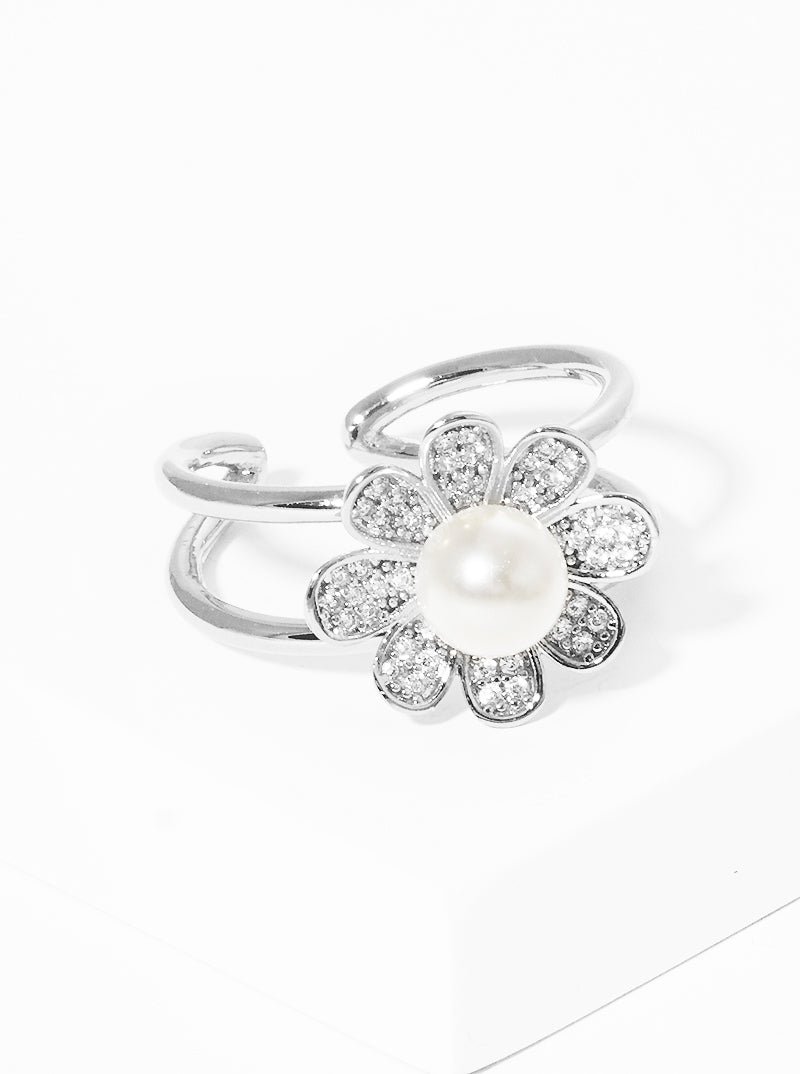 18k Gold Dipped CZ Flower Acrylic Pearl Adjustable Cuff Ring