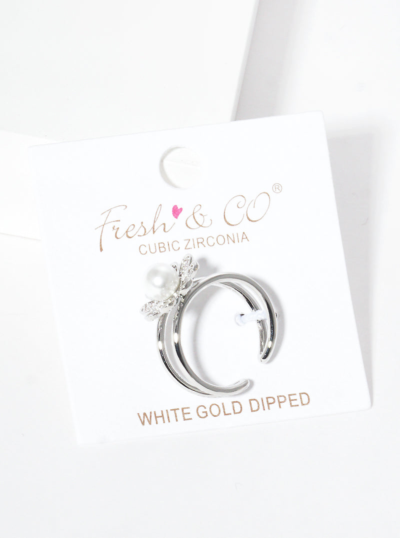 18k Gold Dipped CZ Flower Acrylic Pearl Adjustable Cuff Ring