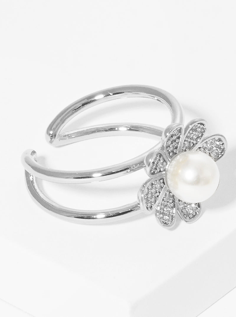 18k Gold Dipped CZ Flower Acrylic Pearl Adjustable Cuff Ring