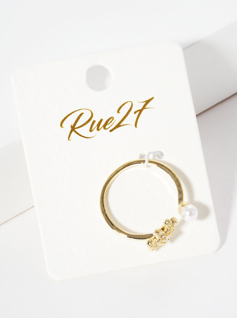 18k Gold Dipped CZ Flower And Glass Pearl Adjustable Cuff Ring