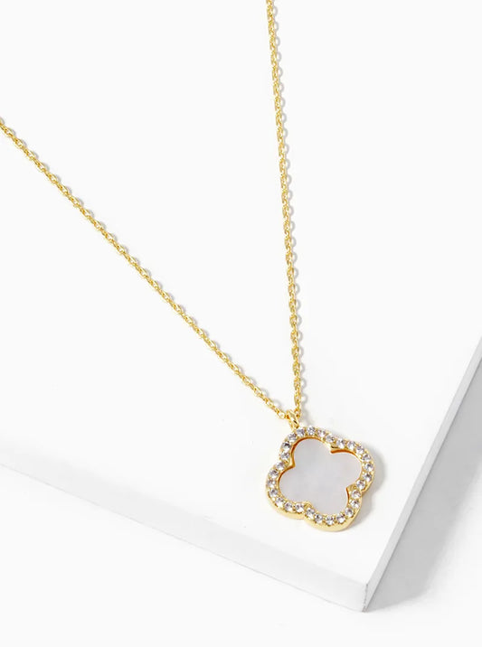 18k Gold Dipped CZ Pave 13mm Quatrefoil Pendant Necklace